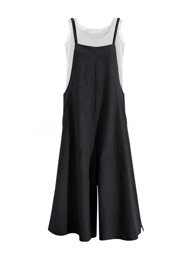 YESNO Women Casual Loose Long Bib Pants Wide Leg Jumpsuits Baggy Cotton Rompers Overalls with Pockets (S PZZTYP2 Black) - Image 1